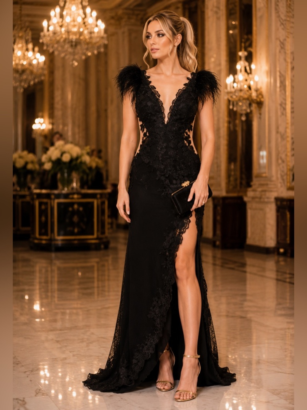Mac Duggal FEATHER CAP SLEEVE LACE GOWN